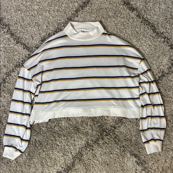 SO Tops - Retro Striped Mock Neck Sweater - White with Navy & Yellow Stripes
